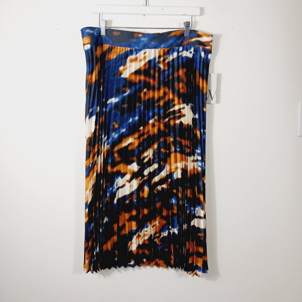 Worthington, NWT XL Midi Pleated Skirt W/ Abstract Print Navy Cream Gold & Black - Picture 6 of 14